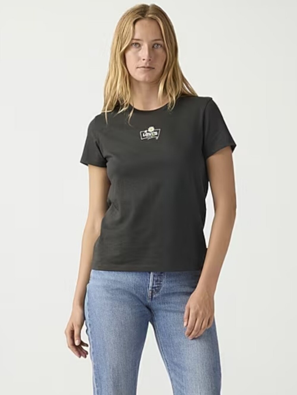 Levi's Women's Black Crewneck Tee with Small Flower Chest Logo